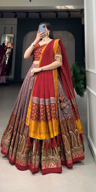 Aglow Red Color Tussar Silk Kashmiri Print With Foil Print Lehenga Choli