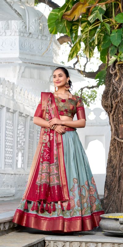 Amazing Red Color Dola Silk Kalamkari Print Zari Border Lehenga Choli