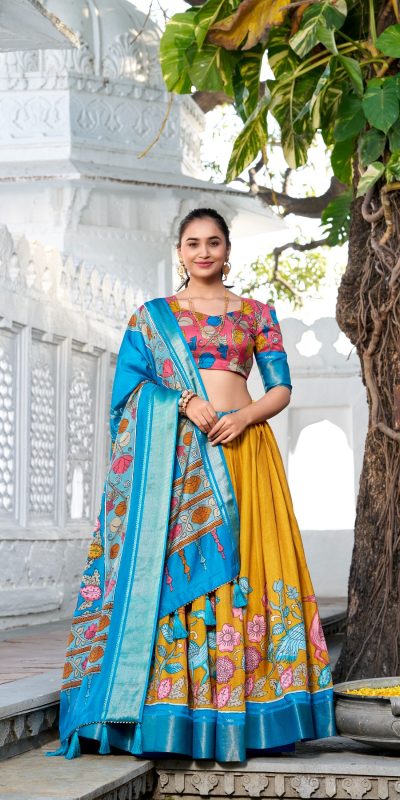 Amazing Sky Blue Color Dola Silk Kalamkari Print Zari Border Lehenga Choli