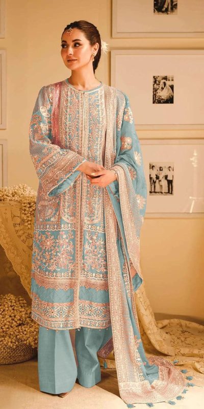 Amazing Sky Blue Color Fox Georgette With Embroidery Sequence Moti Salwar Suit