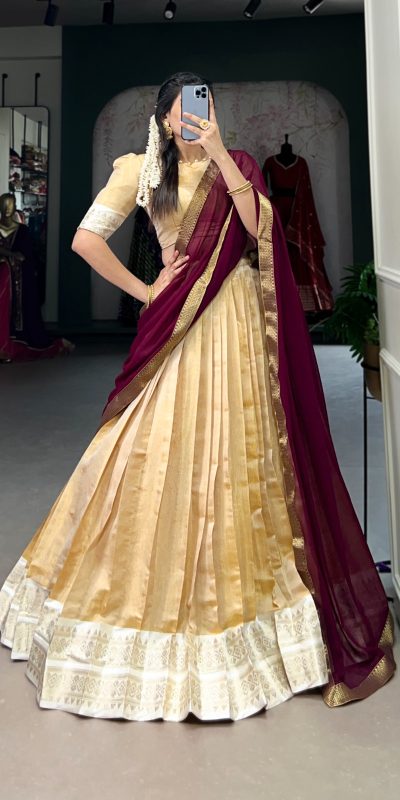 Beautiful Cream Color Kanchipuram Zari Weaving Work Lehenga Choli