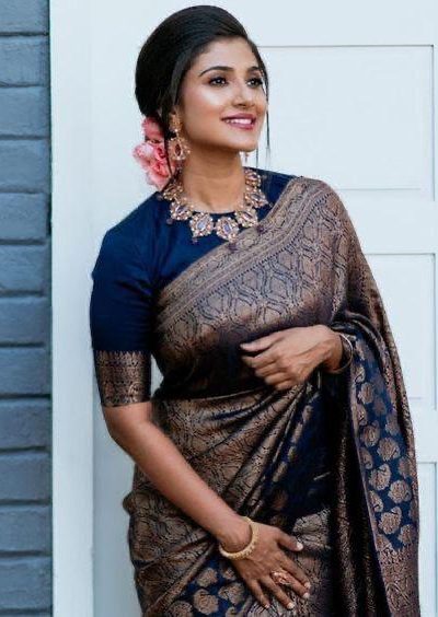 Beautiful Navy Blue Color Soft Lichi Silk Jacquard Work On All Over Saree