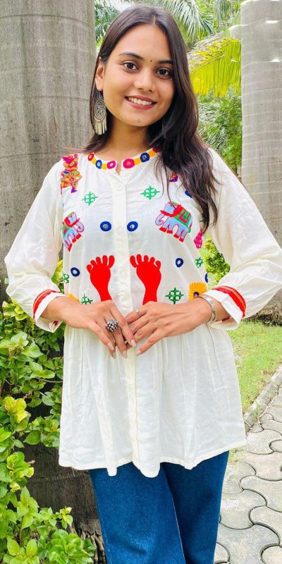 Milky White Color Cotton Flex and Rayo Embroidery Work Kurti
