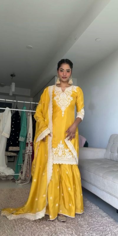 Beautiful Yellow Color Chinnon Silk thread With Sequence Sharara Suit