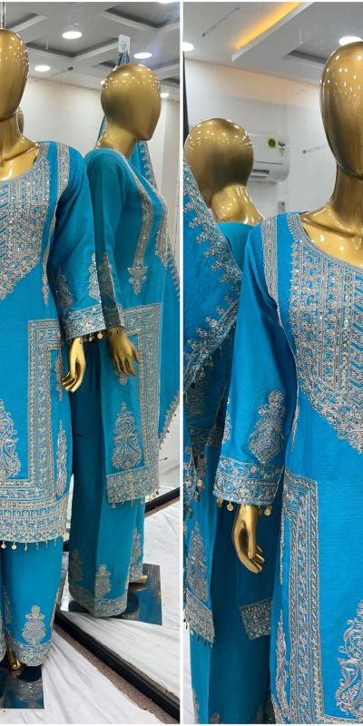 Bright Sky Blue Color Chinnon Silk With Embroidery Coding Dori-Sequence Work Salwar Suit