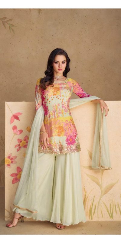 Classic Cream Color Chinon Printed Embroidery Work Sharara Suit