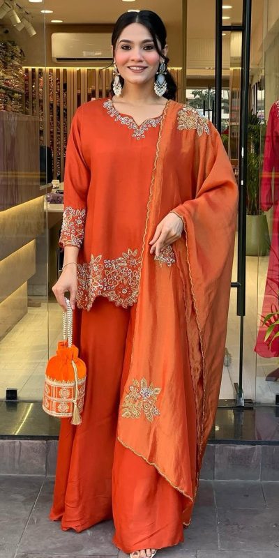 Fancy Orange Color Faux Georgette With Heavy Embroidery Sequence Work Salwar Suit