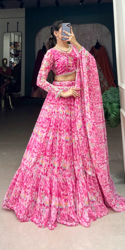 Fancy Pink Color Georgette Printed wrapped With Canvas Lehenga Choli