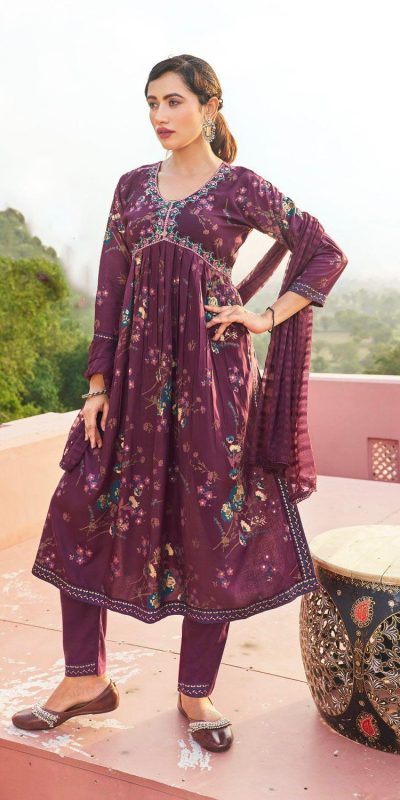 Fantastic Wine Color Rayon Alia Cut With Embroidery Work Kurti