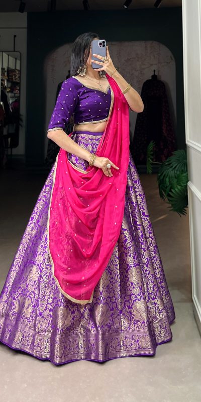Glowing Purple Color Jacquard Silk Zari Weaving Work Lehenga Choli