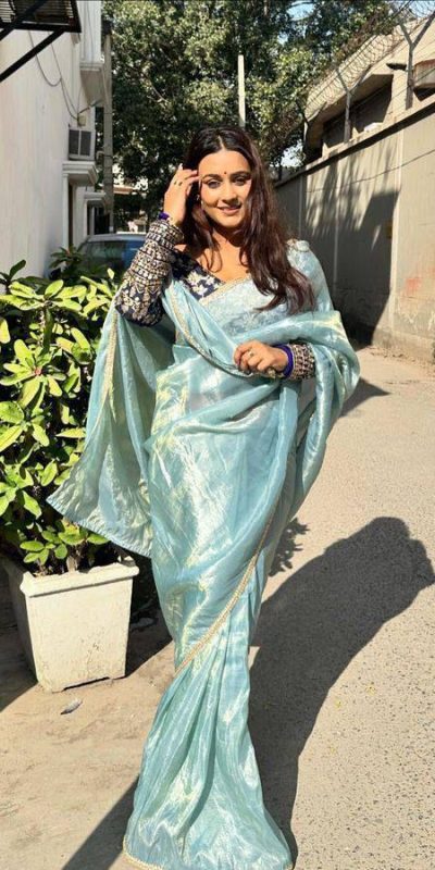 Gorgeous Sky Blue Color Pure Tissue Crush Silk Fabric With Fancy Lace Saree