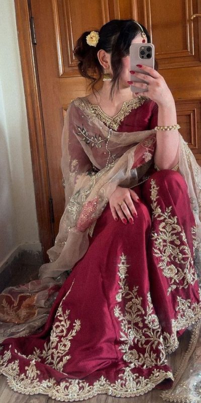 Graceful Red Color Chinnon Silk With Embroidery Work Sharara Suit