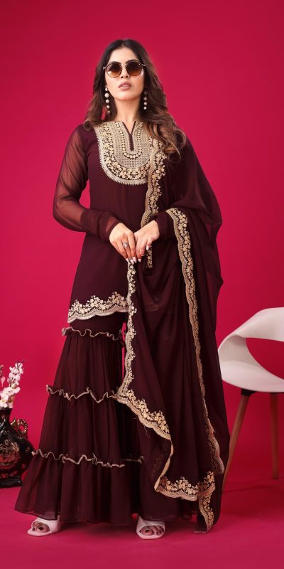 Magical Maroon Color Faux Georgette Embroidery Sequence Work Salwar Suit