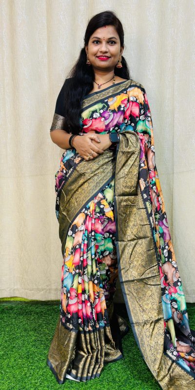 Perfect Black Color Jacquard Dola Silk With Kalamkari Print Saree
