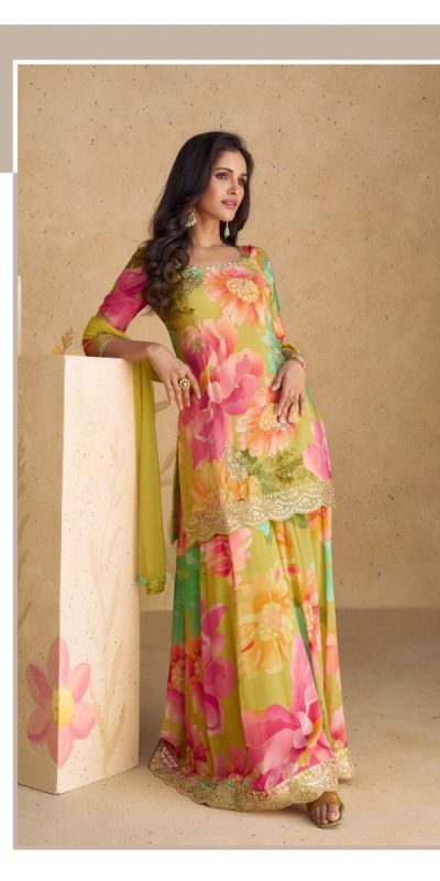 Perfect Pink Color Chinon Printed Embroidery Work Sharara Suit