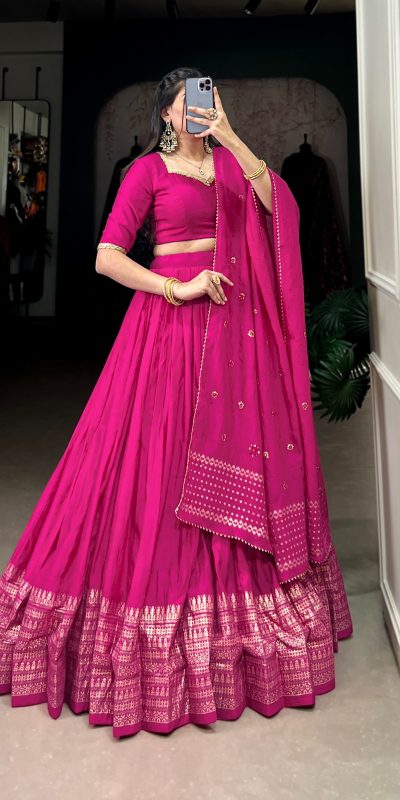 Pretty Pink Color Pure Chanderi Plain With Zari Weaving Work Border Lehenga Choli
