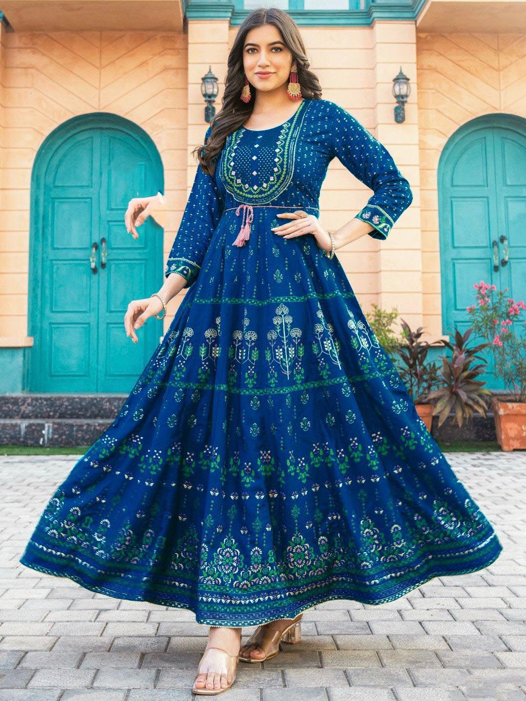 Stunning Blue Color Rayon Print Embroidery Work Long Anarkali Gown