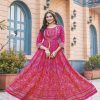 Stunning Pink Color Rayon Print Embroidery Work Long Anarkali Gown