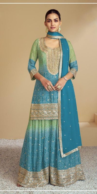 Sunny Sky Blue Color Chinon Digital Print With Mat Sequence Sharara Suit
