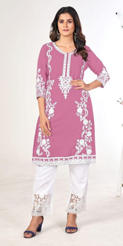 Superb Pink Color Georgette and Heavy Embroidery work Kurti With Pant