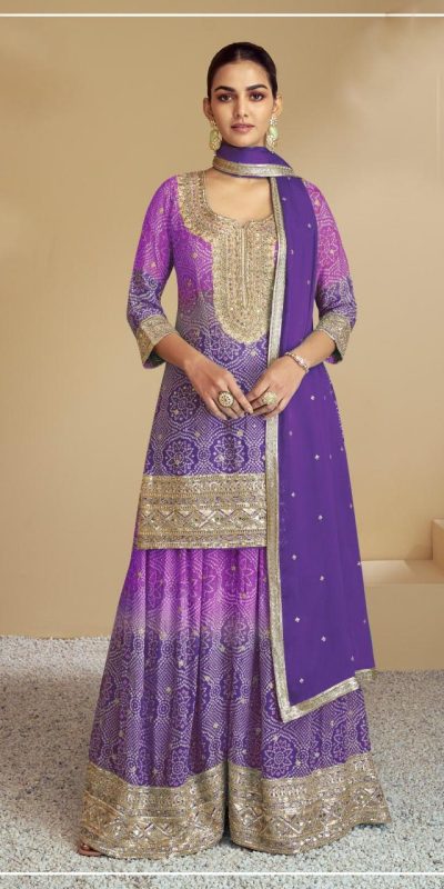 Warm Violet Color Chinon Digital Print With Mat Sequence Sharara Suit