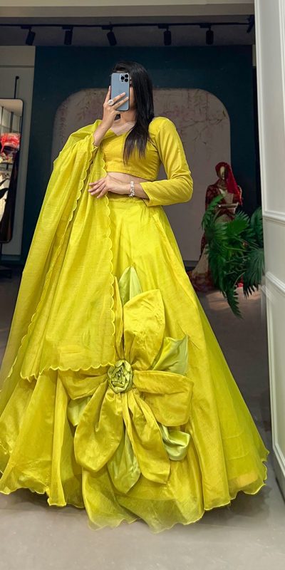 LNB 1650 Parrot Green Color Raj wadi Chanderi Silk Hand Made Flower Lehenga Choli Wedding, Party, Festive, Events Etc. Delivery 4-6 Working Days Rs 1999 | Lehenga, Bollywood Lehenga, Creative Lehenga, Designer Lehenga, Embroidered Lehenga, Party Wear Lehenga