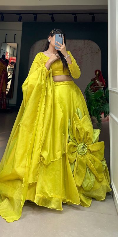 LNB 1650 Parrot Green Color Raj wadi Chanderi Silk Hand Made Flower Lehenga Choli Wedding, Party, Festive, Events Etc. Delivery 4-6 Working Days Rs 1999 | Lehenga, Bollywood Lehenga, Creative Lehenga, Designer Lehenga, Embroidered Lehenga, Party Wear Lehenga