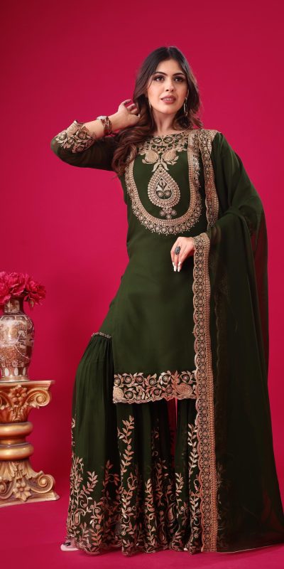 Amazing Bottle Green Color Faux Georgette Embroidery Sequence Work Salwar Suit
