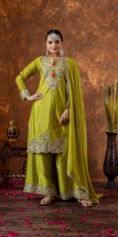 Green Chinon Silk Embroidery Sequence Coding Work Salwar Suit