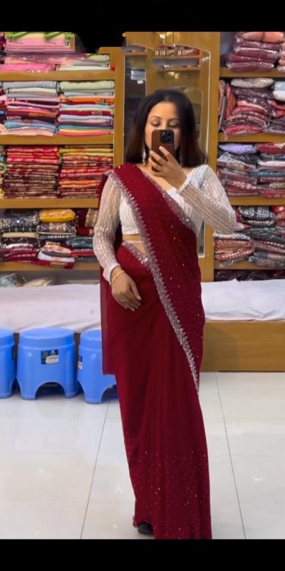 Amazing Marron Color Georgette Hot Fix Stone Work Saree