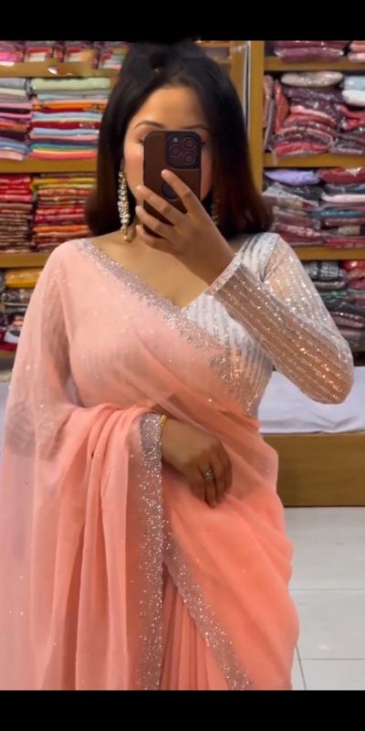 Peach Georgette Hot Fix Stone Work Saree