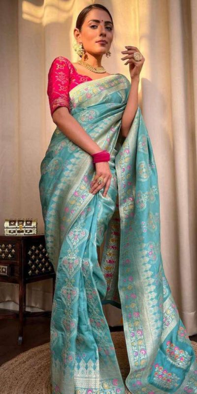 Attractive Sky Blue Color Soft Lichi Silk Kubera Pattu On All Over Saree