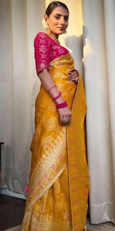 Attractive Yellow Color Soft Lichi Silk Kubera Pattu On All Over Saree