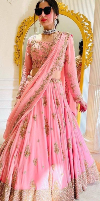 Awesome Light Pink Color Fox Georgette Embroidery Sequins Work Lehenga Choli