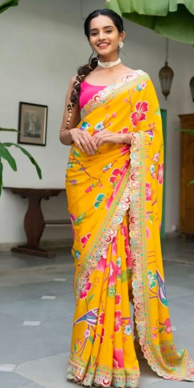 Awesome Yellow Color Chinon Printed Multicolored Embroidery Coding Sequins Lace Saree