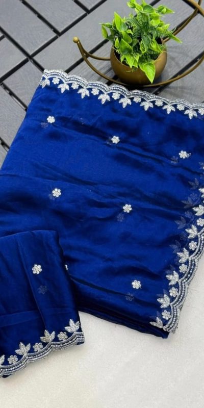 Beautiful Blue Color Rangoli Chiffon Embroidery Cut Work Saree