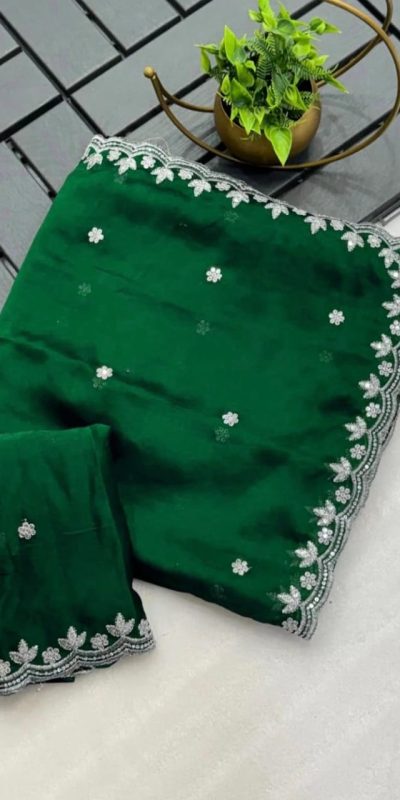 Beautiful Green Color Rangoli Chiffon Embroidery Cut Work Saree