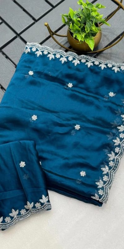 Beautiful Peacock Blue Color Rangoli Chiffon Embroidery Cut Work Saree