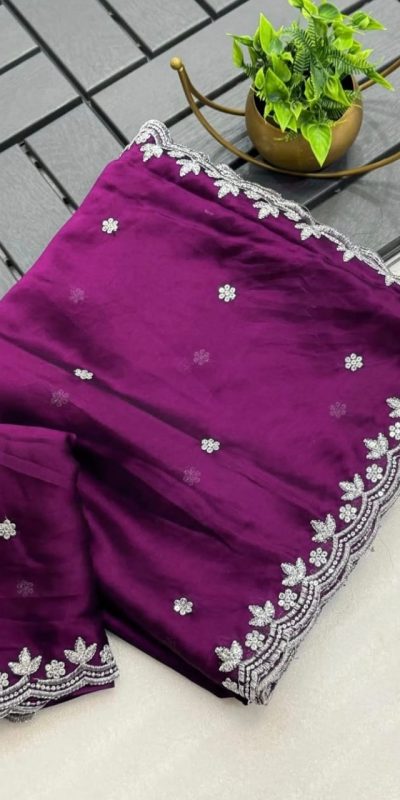 Beautiful Wine Color Rangoli Chiffon Embroidery Cut Work Saree