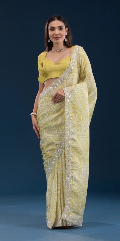 Classic Lemon Yellow Color Georgette Digital Prints & Embroidery Codding Sequins Work Saree
