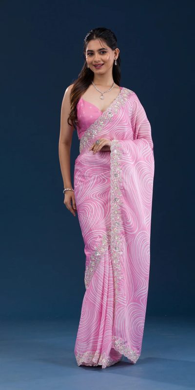 Classic Light Pink Color Georgette Digital Prints & Embroidery Codding Sequins Work Saree