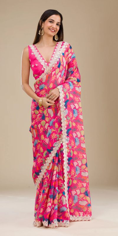Wonderful Peach Color Georgette Digital Prints & Embroidery Codding Sequins Work Saree