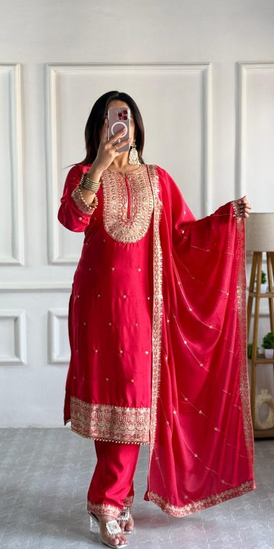 Red Cosmo Silk Heavy Embroidery Sequence Work Salwar Suit
