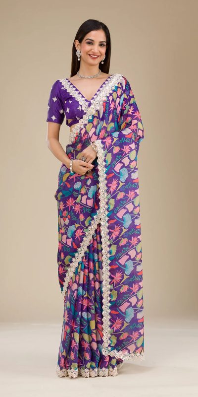 Wonderful Violet Color Georgette Digital Prints & Embroidery Codding Sequins Work Saree