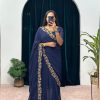 Exotic Navy Blue Color Faux Georgette Embroidery Work Border Stitched Saree-Gown