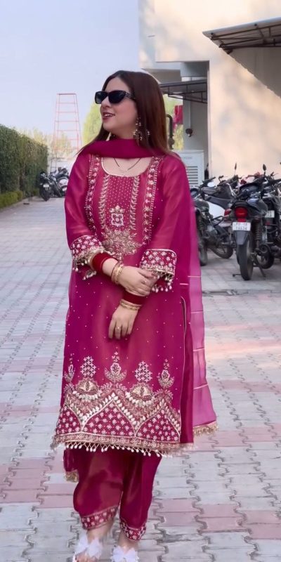 Extractive Red Color Roman Shimmer Silk Embroidery Sequences Work Peral Moti Salwar Suit