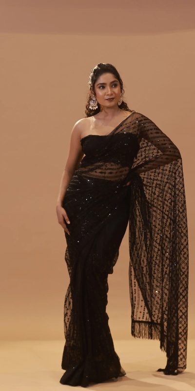 Fancy Black Color Nylon Butterfly Net Sequence With Thread Work Saree