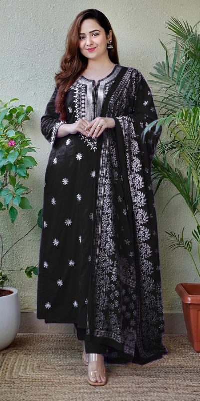 Fantastic Black Color Rayon Cotton With Embroidery Work Salwar Suit