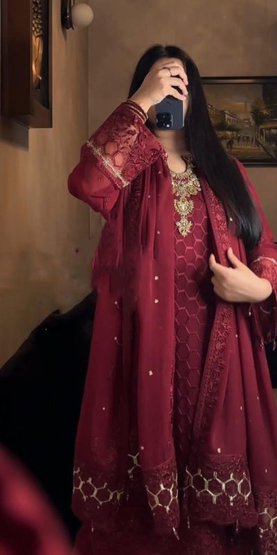Fantastic Maroon Color Faux Georgette With Pal Diamond Hand Work Salwar Suit
