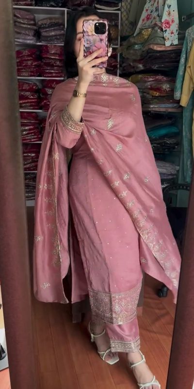 Fantastic Pink Color Chinon Silk With Embroidery Sequence Work Salwar Suit